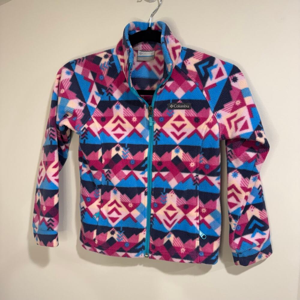 Columbia Girls Full Zip Up Fleece Jacket Pink Blue Kids Size Small 7-8Y